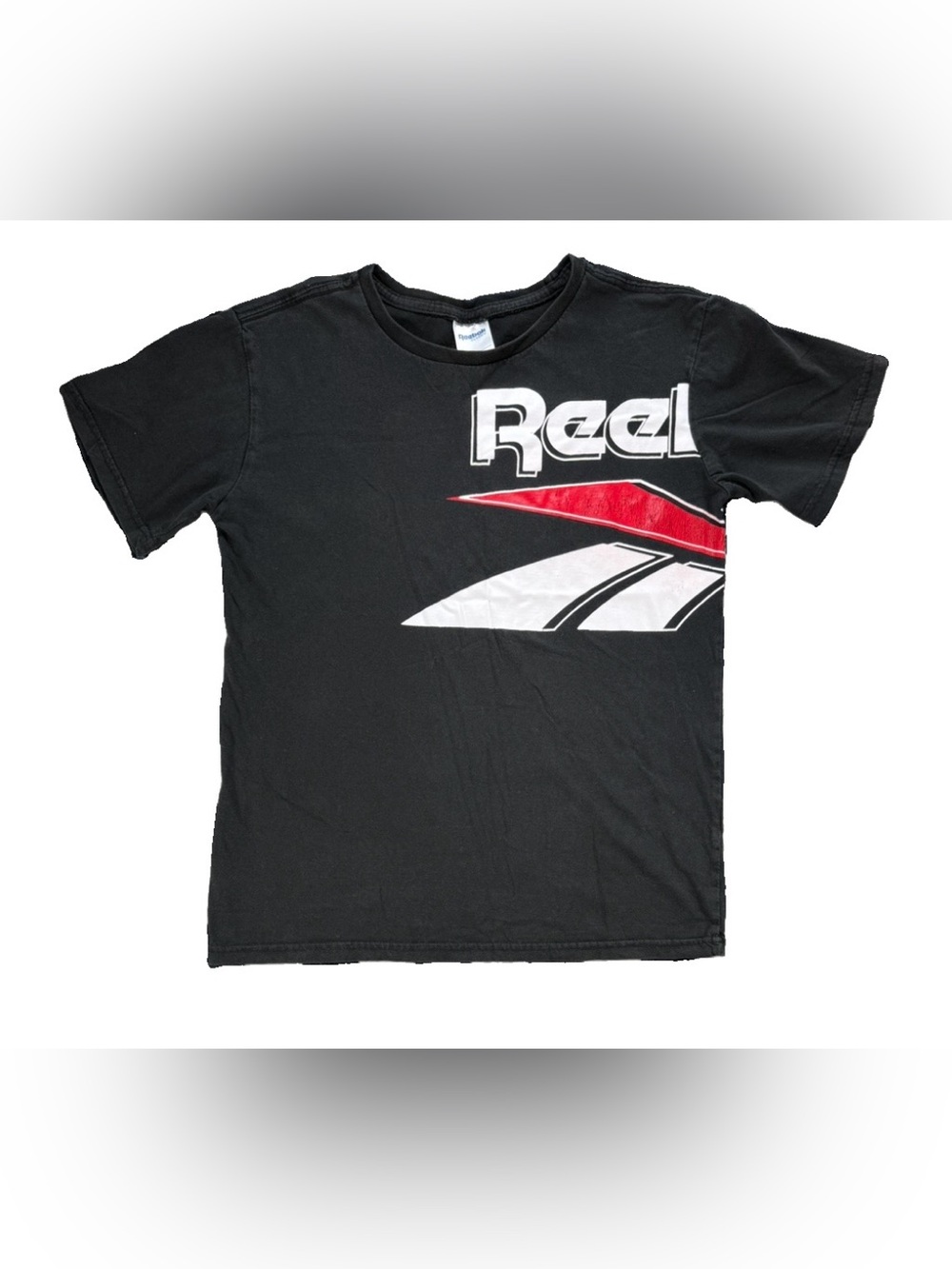 Vintage Reebok AOP Logo T Shirt Youth XL Black Sportswear Retro Basketball